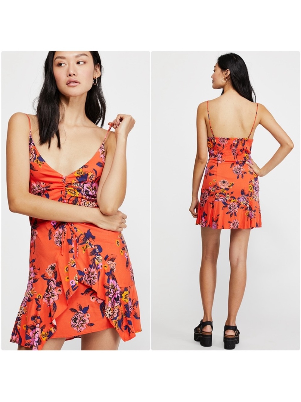 Free People Happy Heart Floral Ruffle Mini Dress in Vibrant Orange. Size Medium
